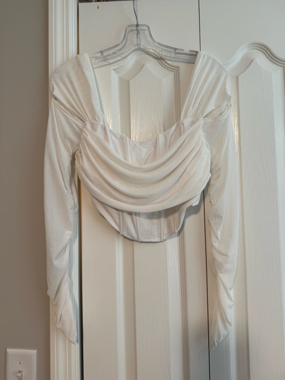 White Draped Long-Sleeve Crop Top